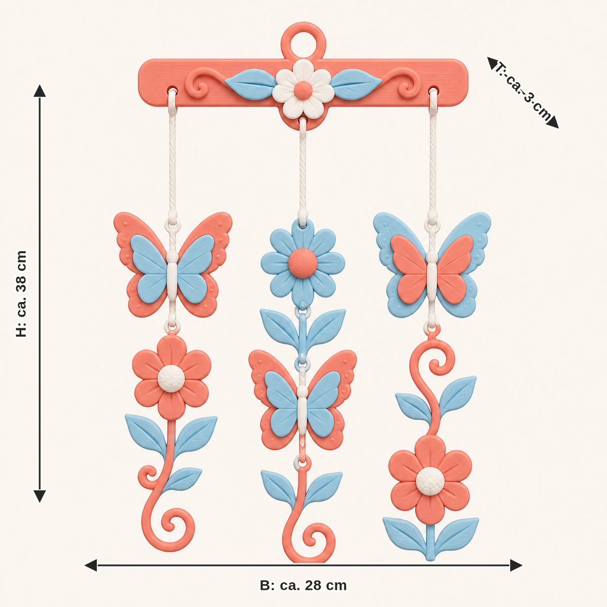 Dimensional image for butterfly garden-mobile moth dance: width approx. 28 cm, depth approx. 3 cm, height approx. 38 cm