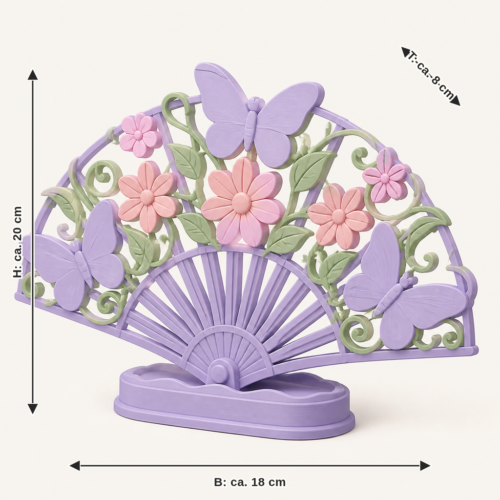 Maßbild für Schmetterlingsgarten-Tischaufsteller Schmetterlingsfächer: Breite ca. 18 cm, Tiefe ca. 8 cm, Höhe ca. 20 cm