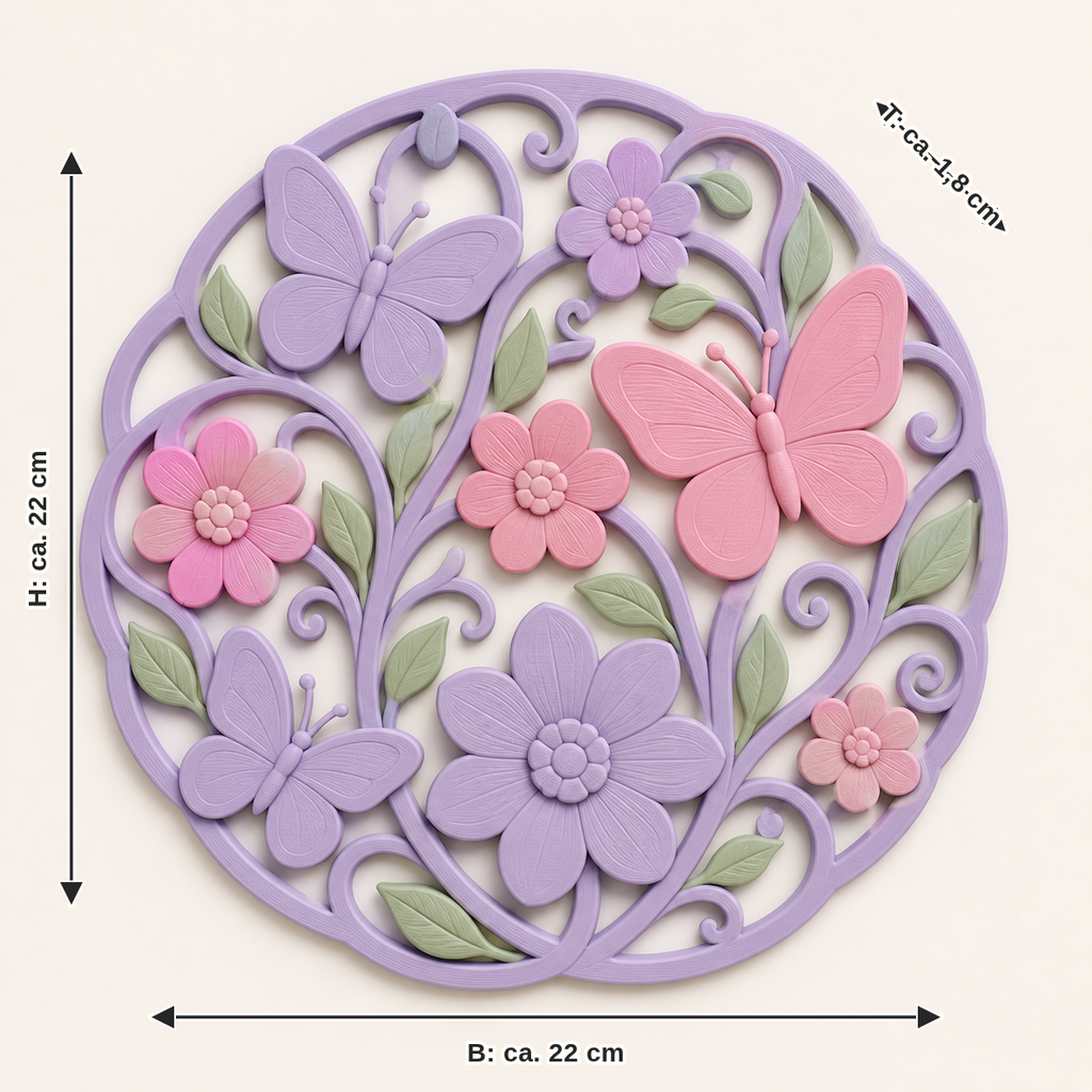 Dimensional image for butterfly garden-wall relief wing wreath: width approx. 22 cm, depth approx. 1.8 cm, height approx. 22 cm