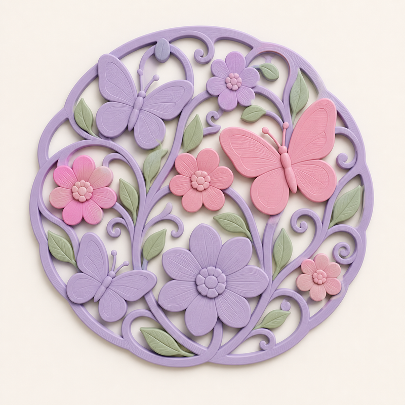 butterfly garden-wall relief wing wreath made of 3D-printed PETG in lilac, rose, sage green