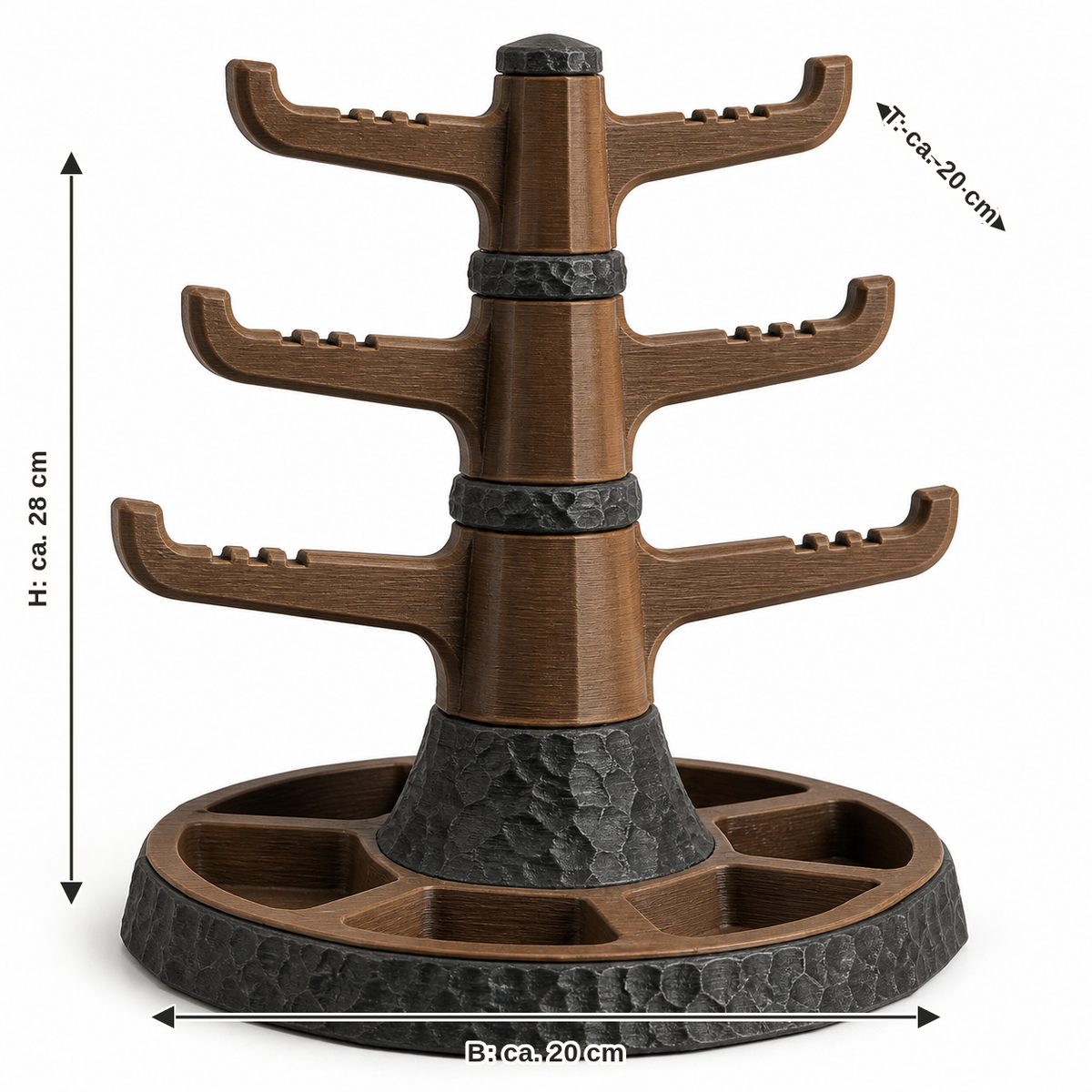 Maßbild für Schmuckkarussell Hüttenkrone: Breite ca. 20 cm, Tiefe ca. 20 cm, Höhe ca. 28 cm