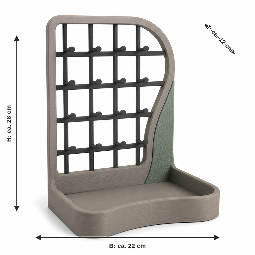 Dimensional image for jewellery with asymmetric grid: width approx. 22 cm, depth approx. 12 cm, height approx. 28 cm