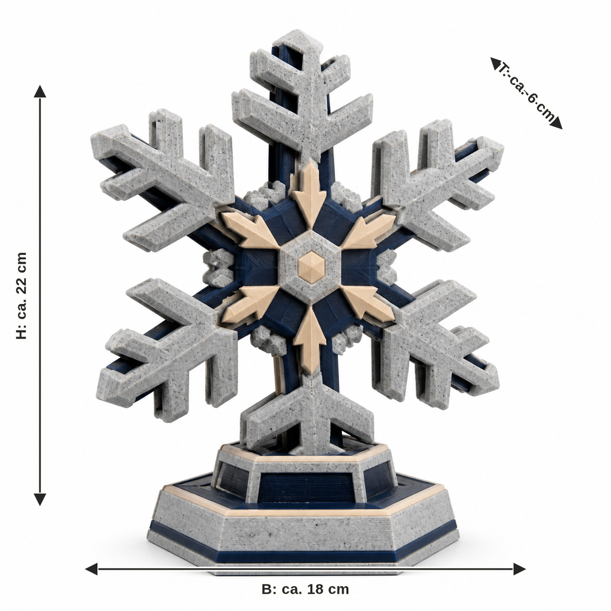 Dimensional image for snowflake Nordstern: width approx. 18 cm, depth approx. 6 cm, height approx. 22 cm