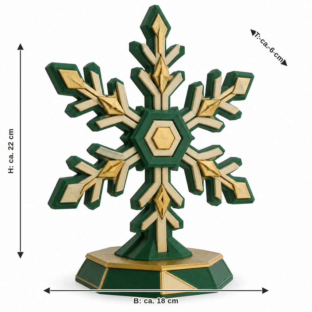 Dimensional image for snowflake emerald star: width approx. 18 cm, depth approx. 6 cm, height approx. 22 cm