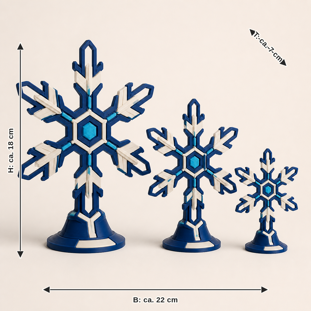 Maßbild für Schneeflocken-Trio Kristallwind – Futuristisch: Breite ca. 22 cm, Tiefe ca. 7 cm, Höhe ca. 18 cm
