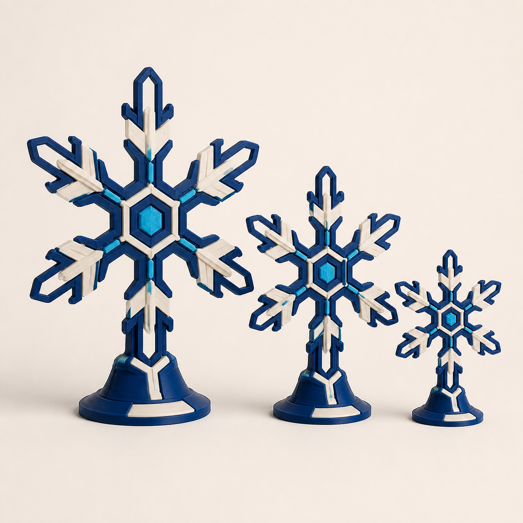 Schneeflocken-Trio Kristallwind im Stil Futuristisch aus 3D-gedrucktem PETG in Creme, Dunkelblau, Cyan