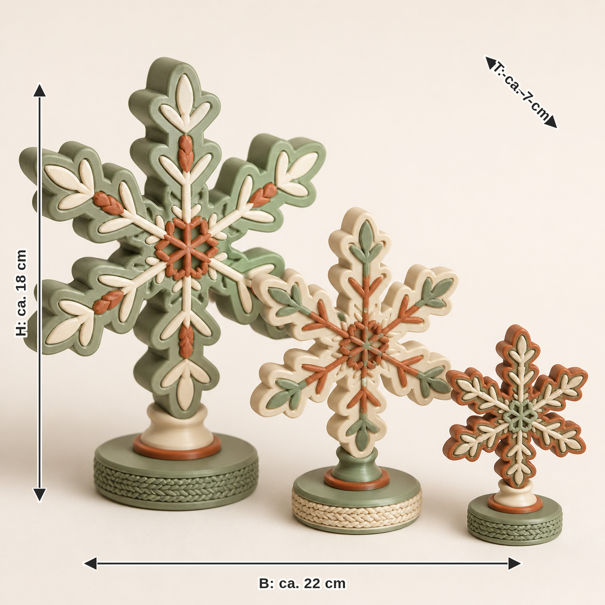 Maßbild für Schneeflocken-Trio Kristallwind – Landhaus: Breite ca. 22 cm, Tiefe ca. 7 cm, Höhe ca. 18 cm