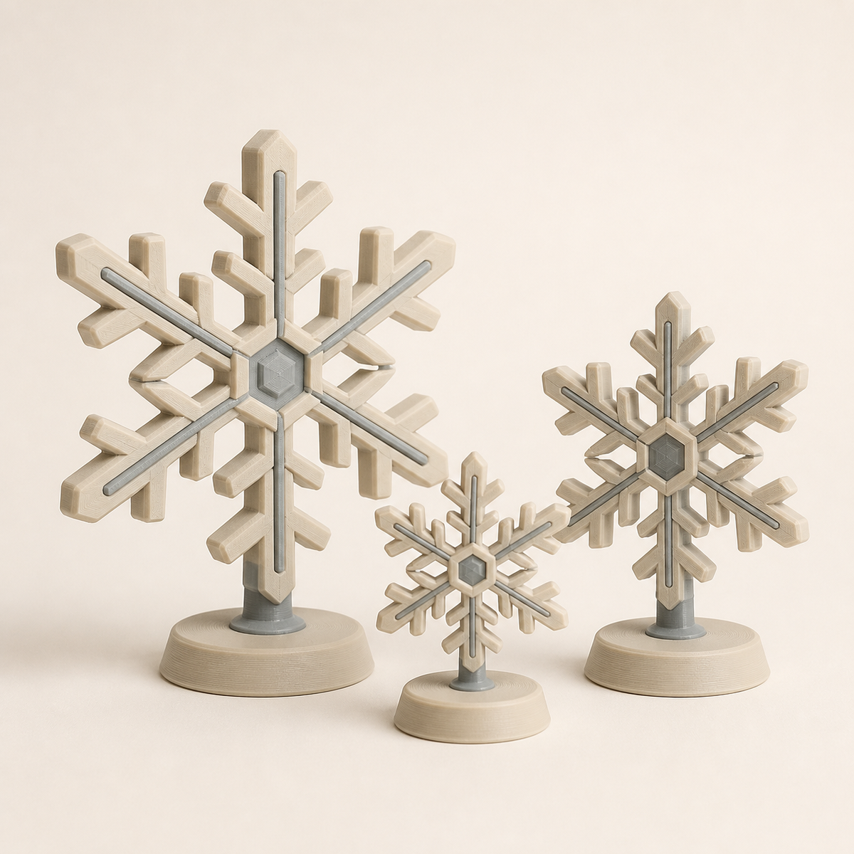 Schneeflocken-Trio Kristallwind im Stil Minimalistisch aus 3D-gedrucktem PETG in Sand, Warmweiß, Grau