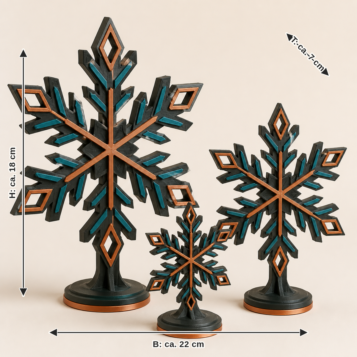 Maßbild für Schneeflocken-Trio Kristallwind – Modern: Breite ca. 22 cm, Tiefe ca. 7 cm, Höhe ca. 18 cm
