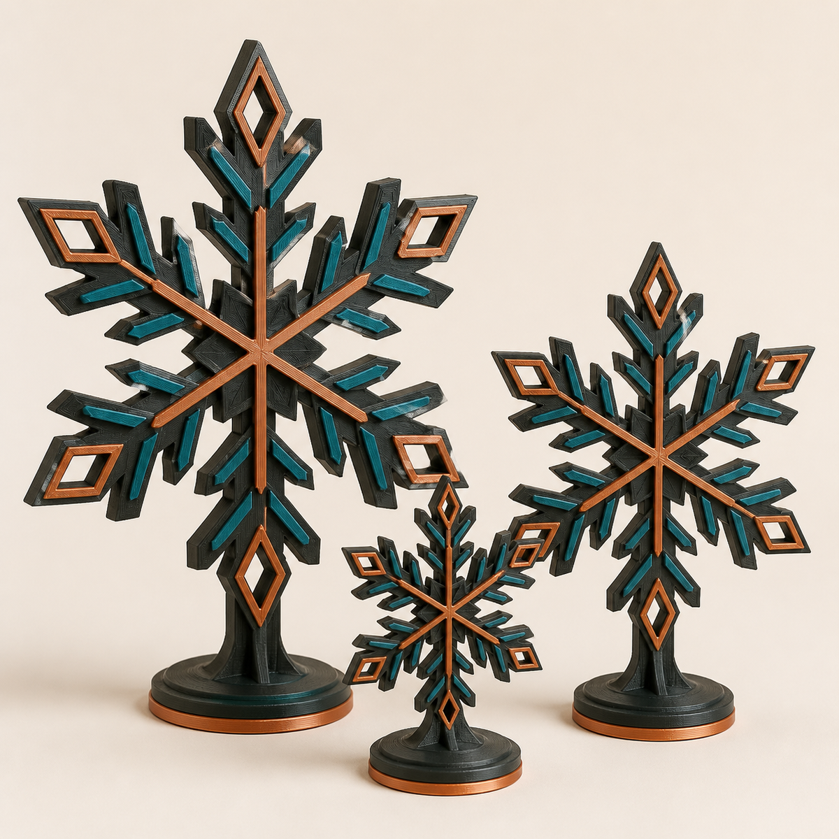 Schneeflocken-Trio Kristallwind im Stil Modern aus 3D-gedrucktem PETG in Anthrazit, Petrol, Kupfer