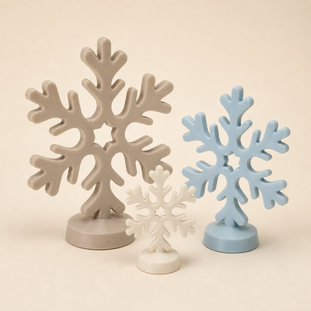 Schneeflocken-Trio Kristallwind im Stil Still aus 3D-gedrucktem PETG in Taupe, Hellblau, Creme