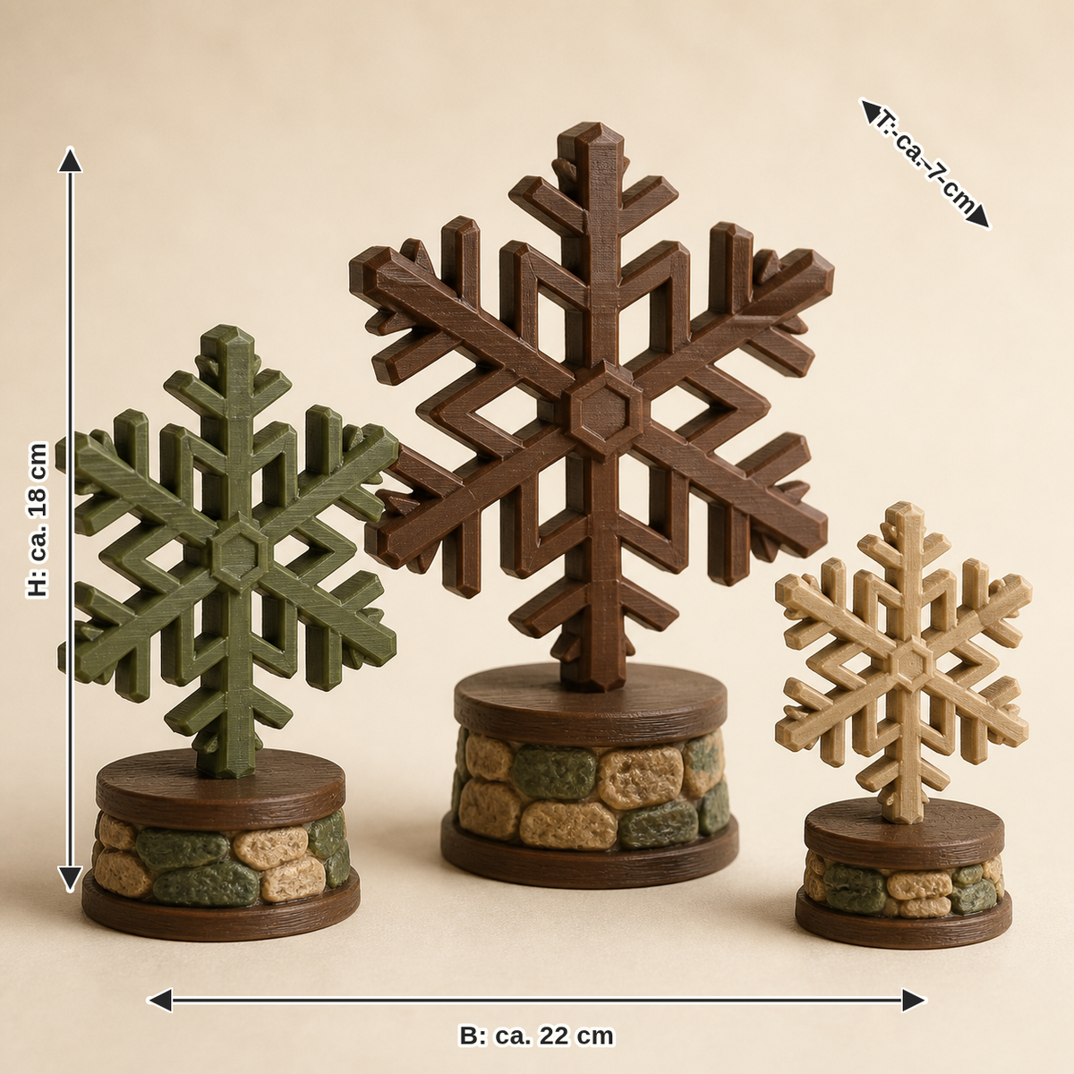 Maßbild für Schneeflocken-Trio Kristallwind – Urig: Breite ca. 22 cm, Tiefe ca. 7 cm, Höhe ca. 18 cm