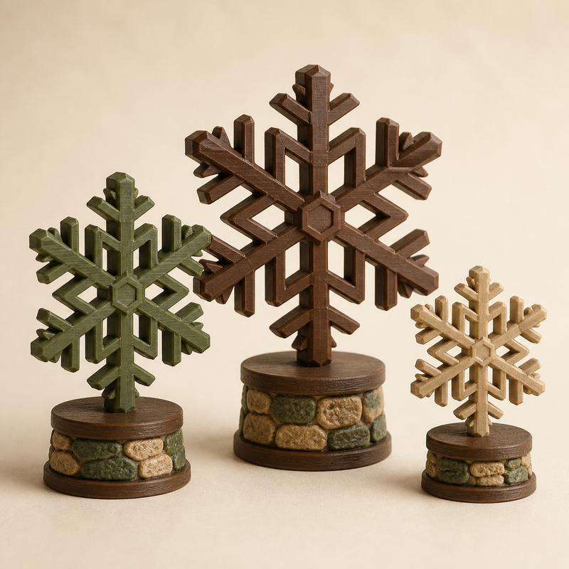 Schneeflocken-Trio Kristallwind im Stil Urig aus 3D-gedrucktem PETG in Walnussbraun, Moosgrün, Sand