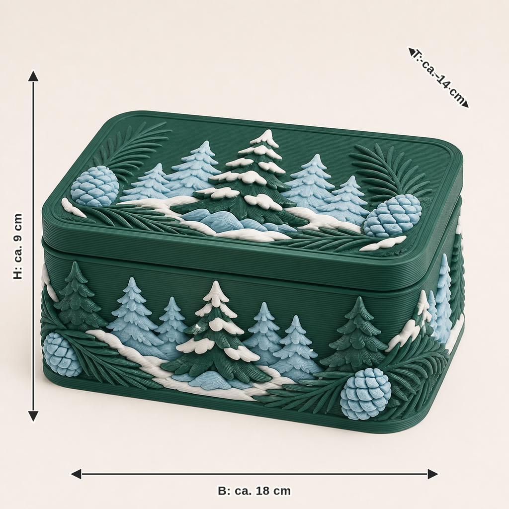 Maßbild für Schneewald-Aufbewahrungsbox Zapfenbox: Breite ca. 18 cm, Tiefe ca. 14 cm, Höhe ca. 9 cm