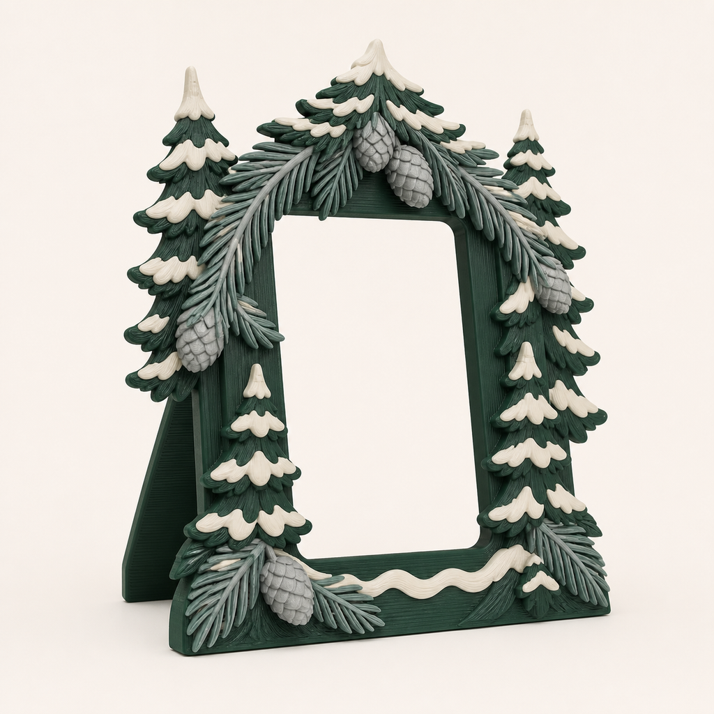 snowy forest-photo frame fir portal made of 3D-printed PETG in dark green, silver grey, cream