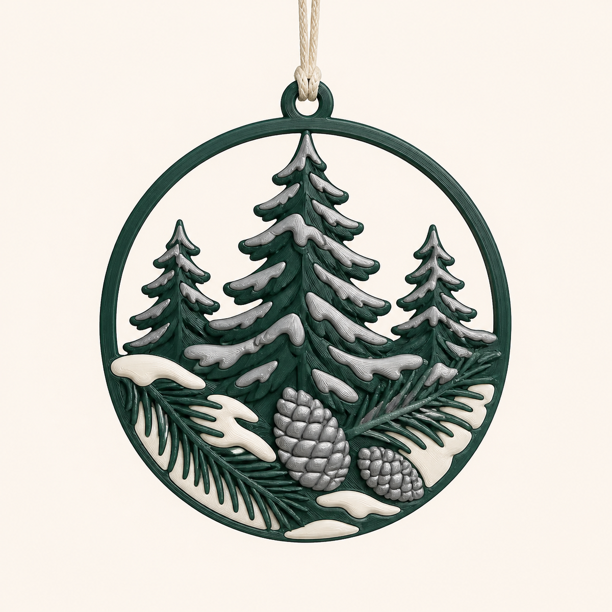 snowy forest-window ornament Snow window in 3D printed PETG in dark green, silver grey, cream