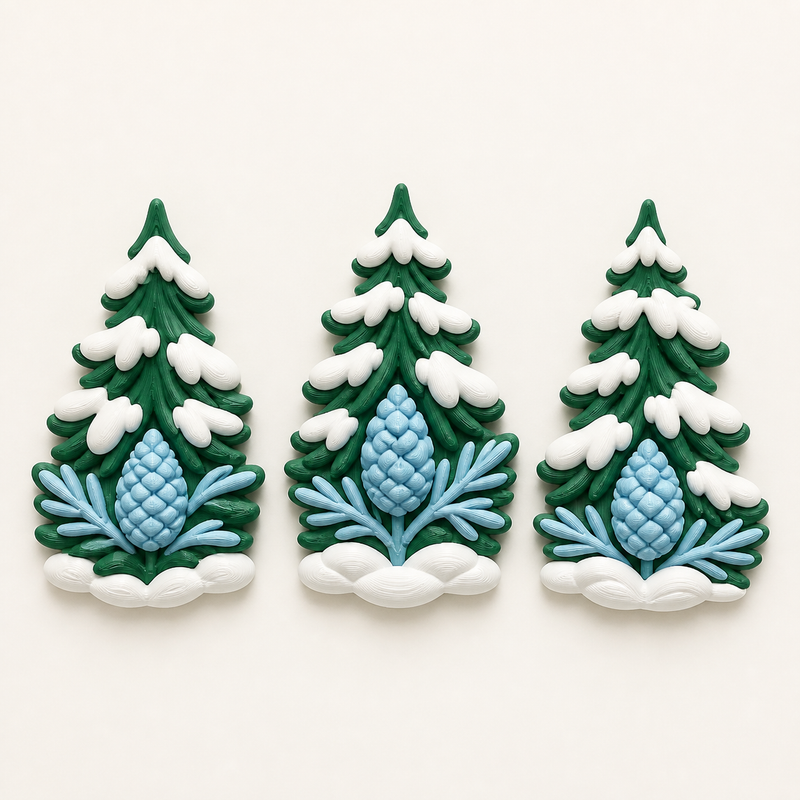 snowy forest magnet set cone trio made of 3D printed PETG in pine green, snow white, ice blue