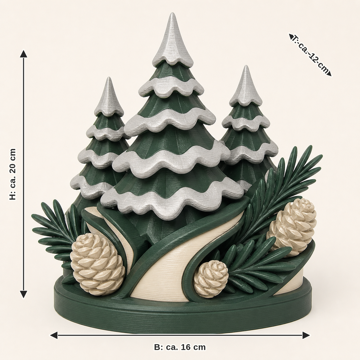 Measurement for snowy forest mini sculpture Frosthain: width approx. 16 cm, depth approx. 12 cm, height approx. 20 cm