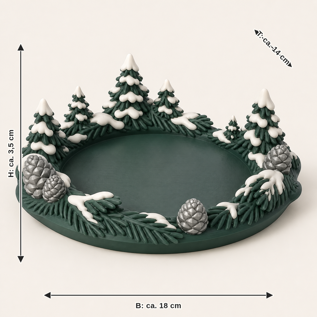 Maßbild für Schneewald-Schmuckschale Fichtenrand: Breite ca. 18 cm, Tiefe ca. 14 cm, Höhe ca. 3.5 cm