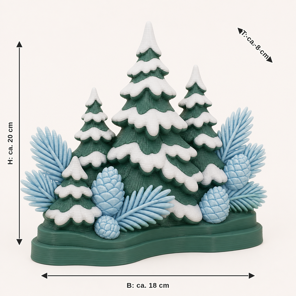 Dimensional image for snowy forest table frames: width approx. 18 cm, depth approx. 8 cm, height approx. 20 cm