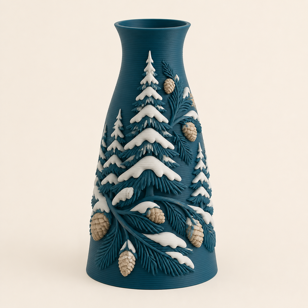 Schneewald-Trockenblumen-Vase Tannenstiel aus 3D-gedrucktem PETG in Petrol, Frostweiß, Sandbeige