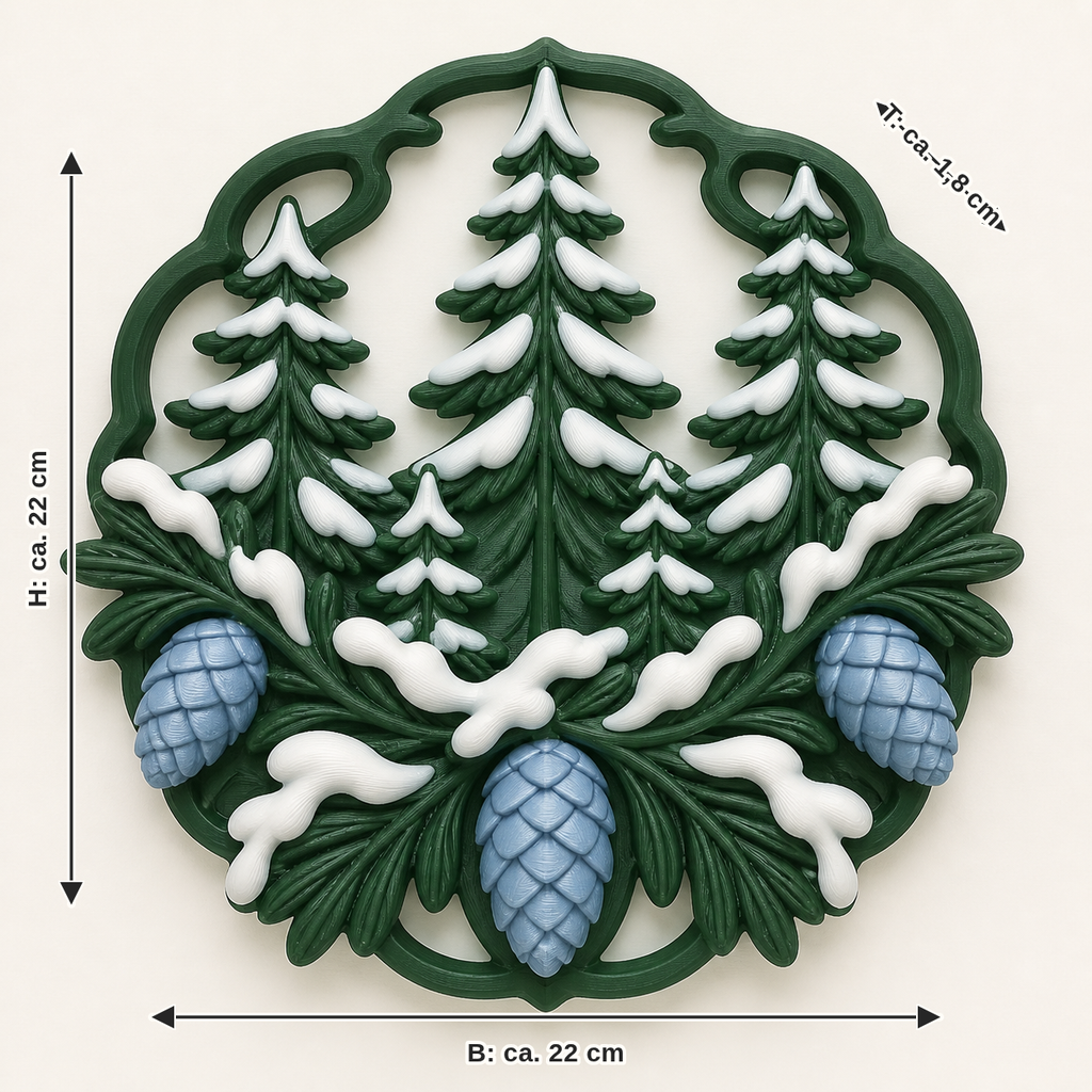 Maßbild für Schneewald-Wandrelief Fichtenkranz: Breite ca. 22 cm, Tiefe ca. 1.8 cm, Höhe ca. 22 cm