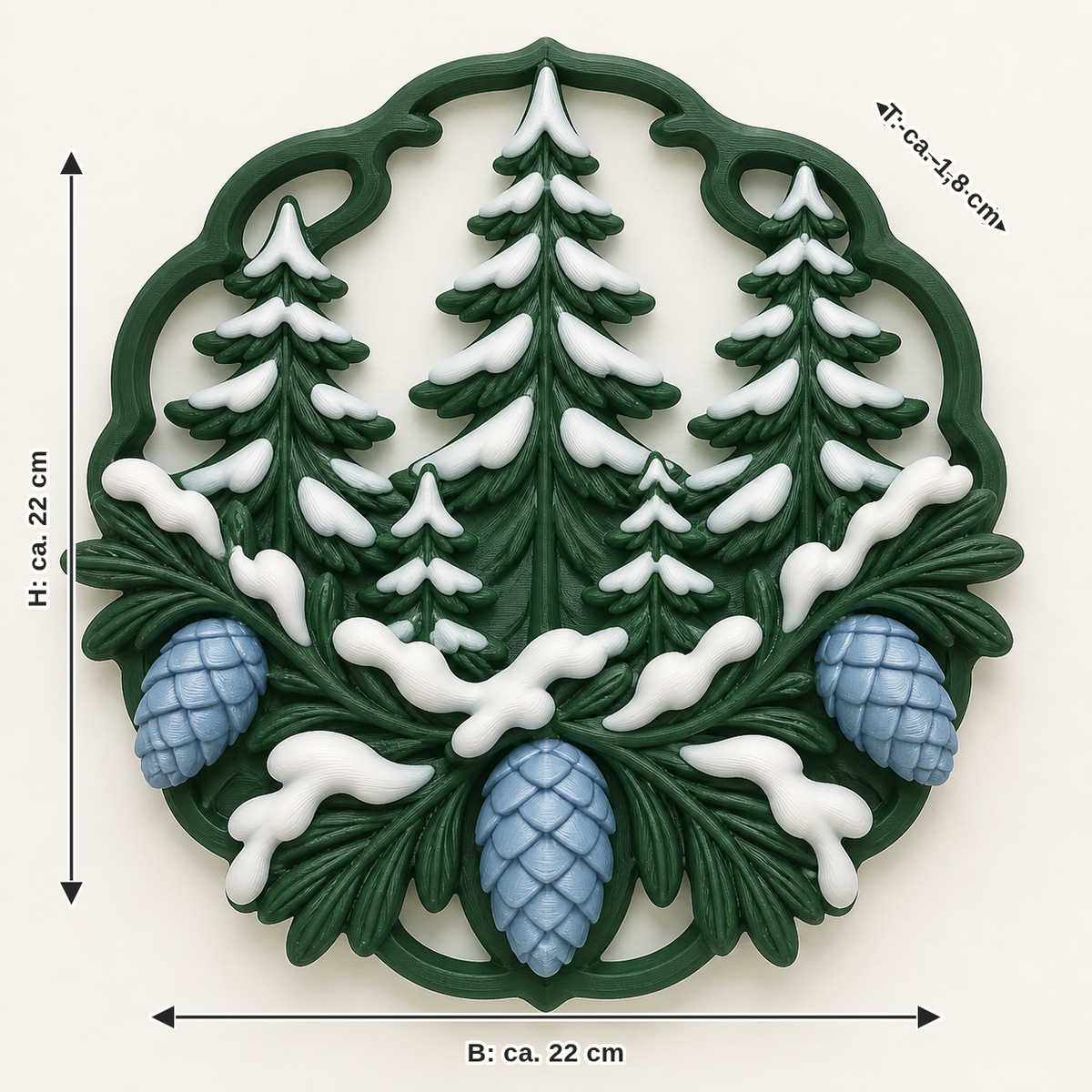 Maßbild für Schneewald-Wandrelief Fichtenkranz: Breite ca. 22 cm, Tiefe ca. 1.8 cm, Höhe ca. 22 cm