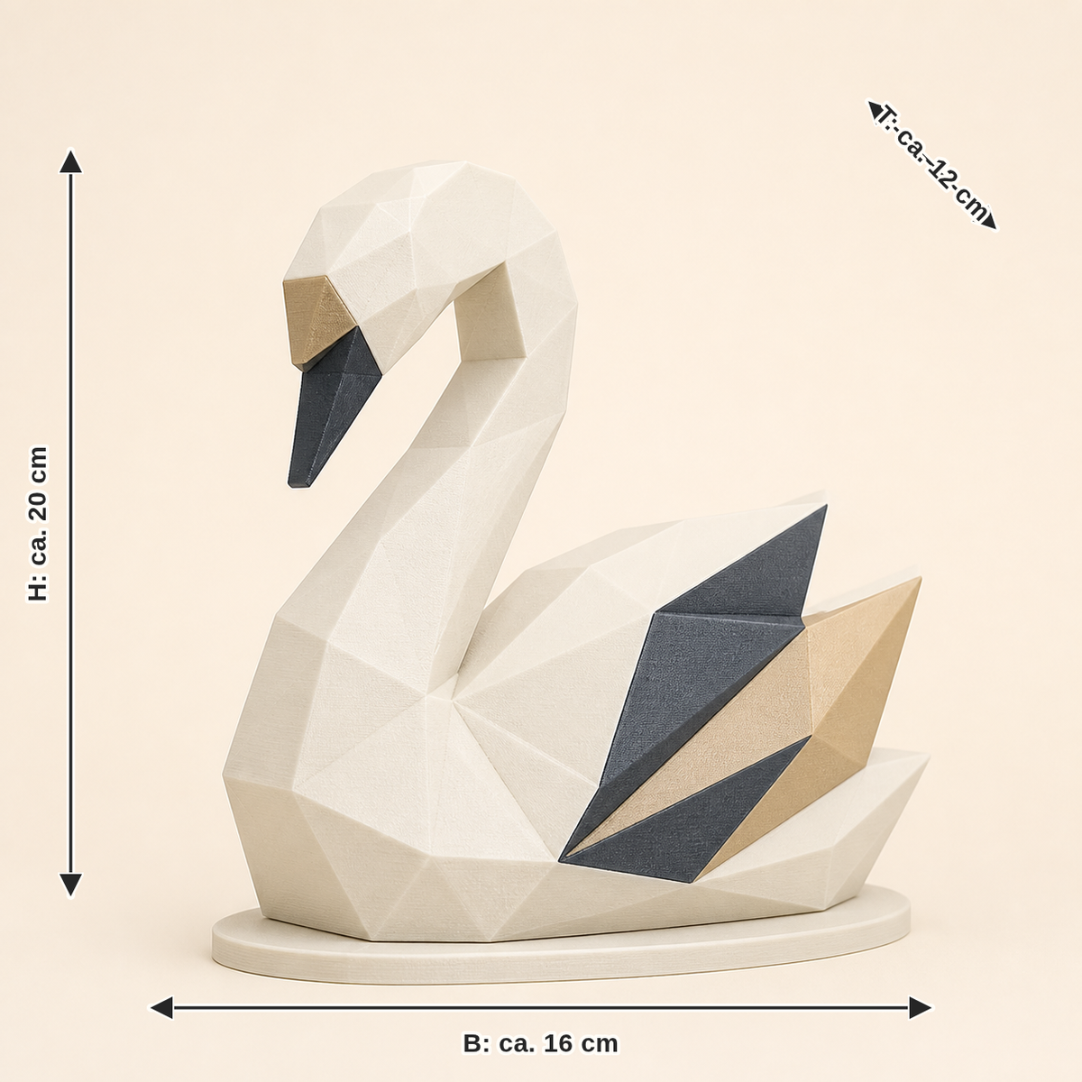 Maßbild für Schwan-Low-Poly-Skulptur Facettenfigur: Breite ca. 16 cm, Tiefe ca. 12 cm, Höhe ca. 20 cm