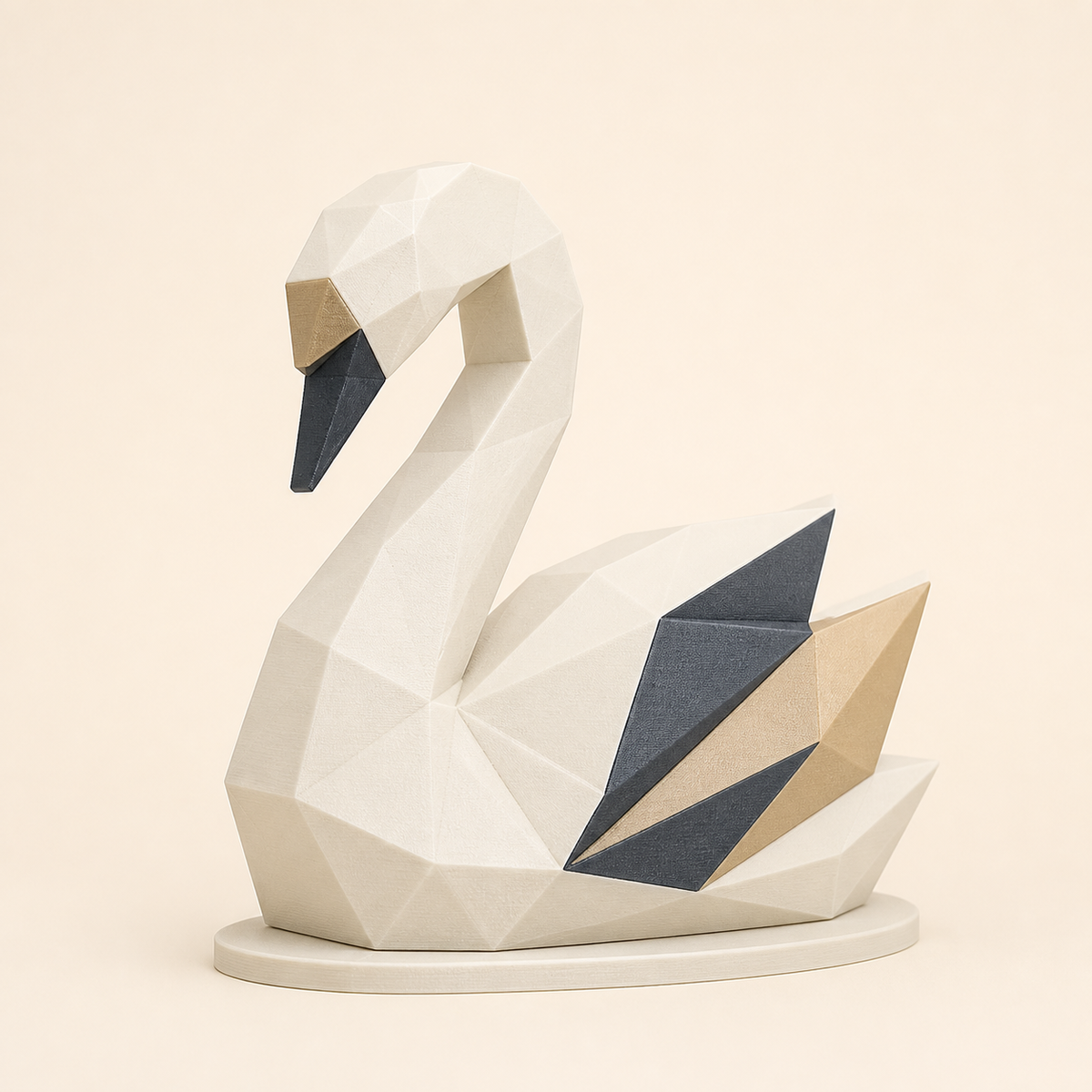 Schwan-Low-Poly-Skulptur Facettenfigur aus 3D-gedrucktem PETG in Knochenweiß, Anthrazit, Sandbeige
