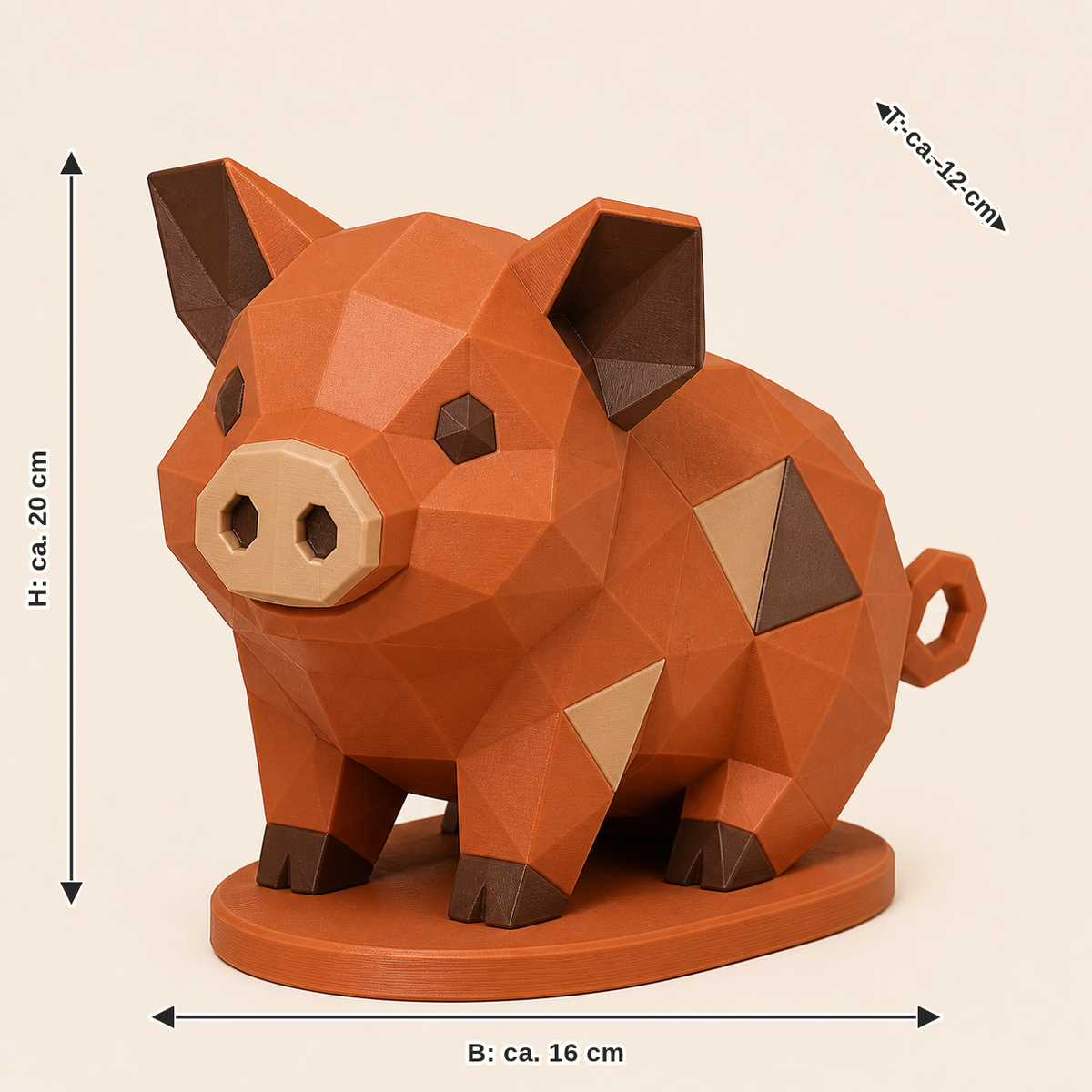 Maßbild für Schwein-Low-Poly-Skulptur Facettenfigur: Breite ca. 16 cm, Tiefe ca. 12 cm, Höhe ca. 20 cm