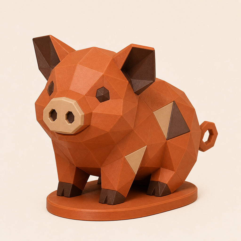 Schwein-Low-Poly-Skulptur Facettenfigur aus 3D-gedrucktem PETG in Terrakotta, Sandbeige, Kastanienbraun