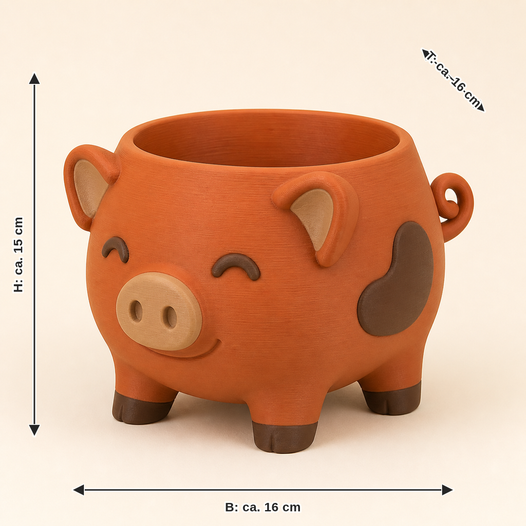 Maßbild für Schwein-Pflanzübertopf Naturtopf: Breite ca. 16 cm, Tiefe ca. 16 cm, Höhe ca. 15 cm