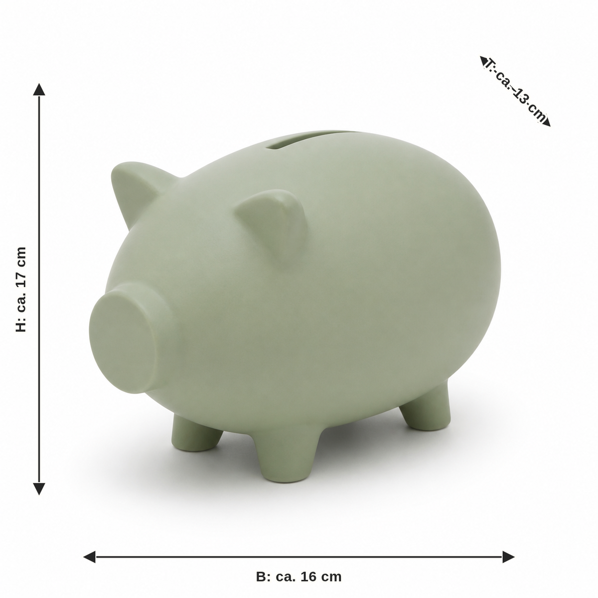Maßbild für Schwein-Sparbüchse in Salbeigrün: Breite ca. 16 cm, Tiefe ca. 13 cm, Höhe ca. 17 cm