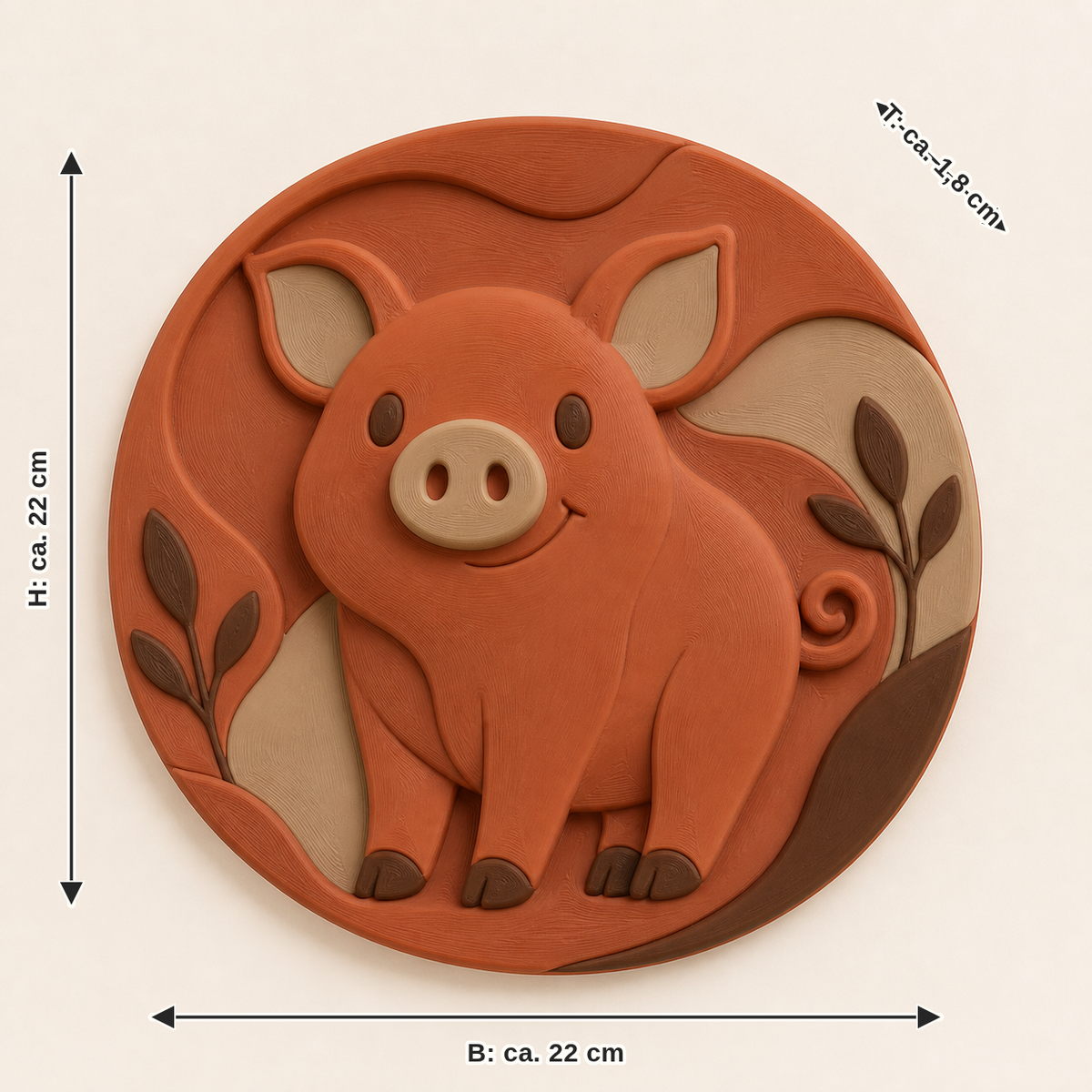 Maßbild für Schwein-Wandrelief Tierporträt: Breite ca. 22 cm, Tiefe ca. 1.8 cm, Höhe ca. 22 cm