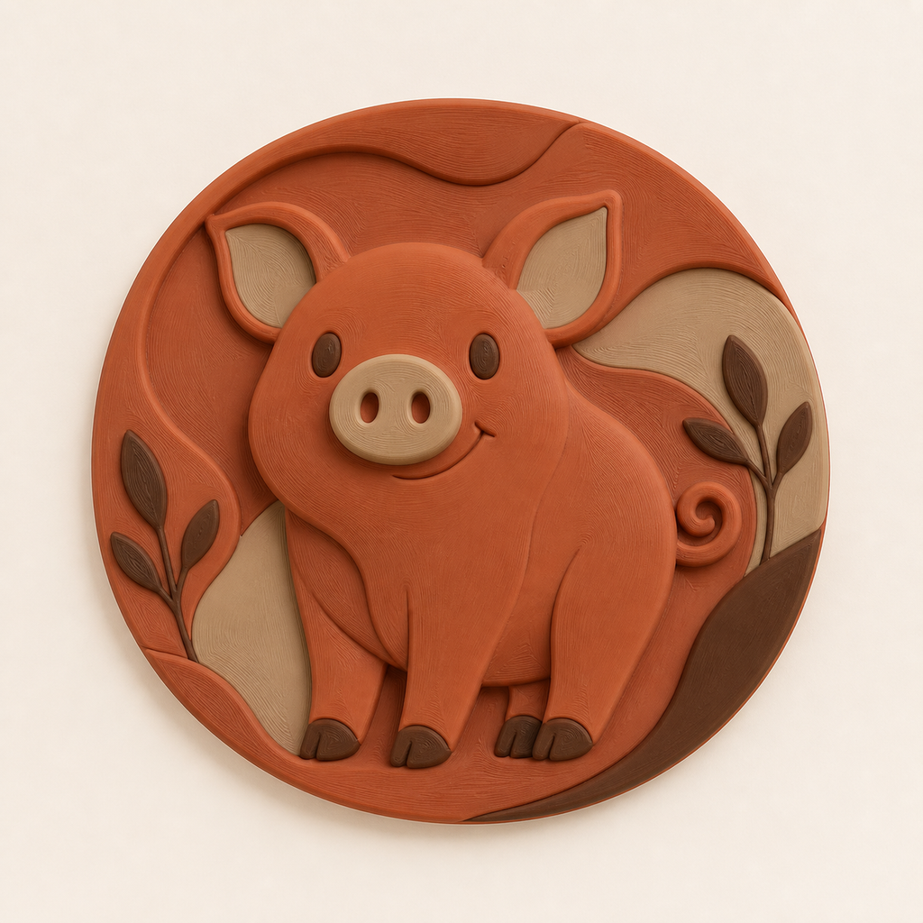Schwein-Wandrelief Tierporträt aus 3D-gedrucktem PETG in Terrakotta, Sandbeige, Kastanienbraun