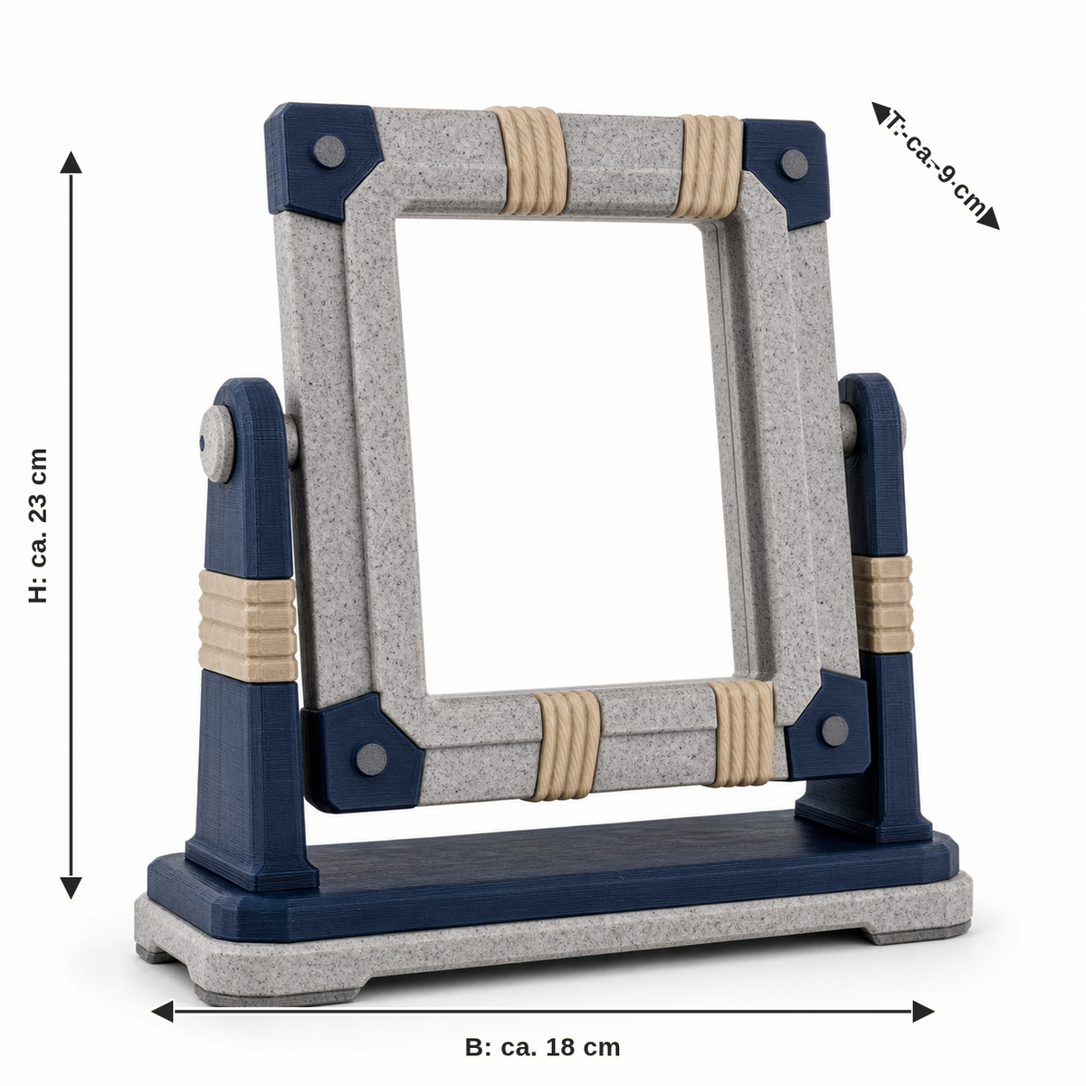 Maßbild für Schwenkbarer Tischbilderrahmen in Navy und Steingrau: Breite ca. 18 cm, Tiefe ca. 9 cm, Höhe ca. 23 cm