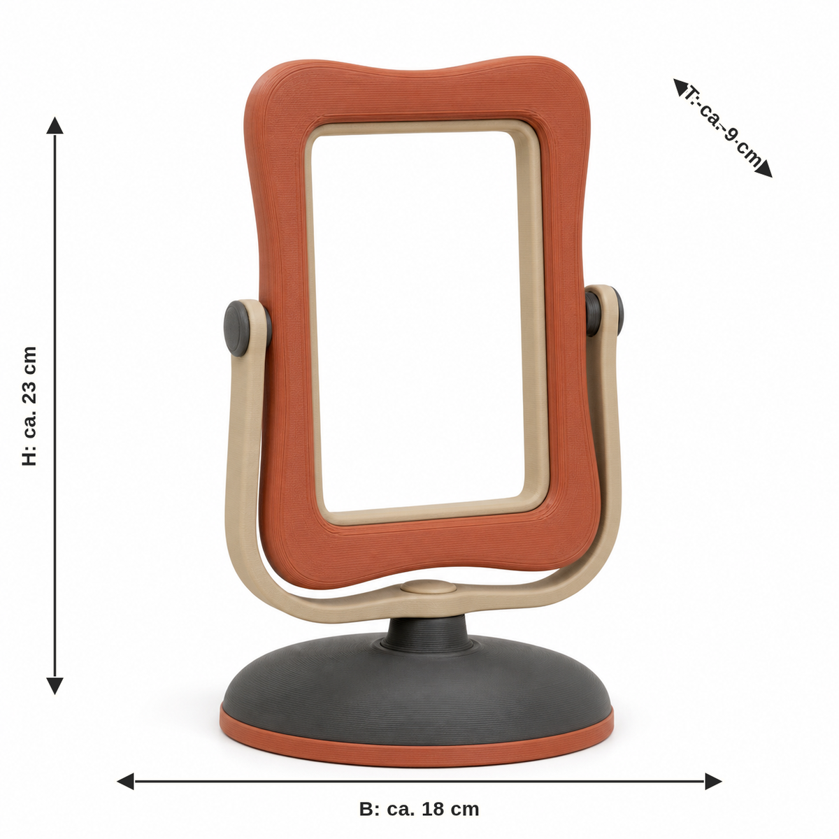Dimensional image for pivotable table frame in terracotta: width approx. 18 cm, depth approx. 9 cm, height approx. 23 cm