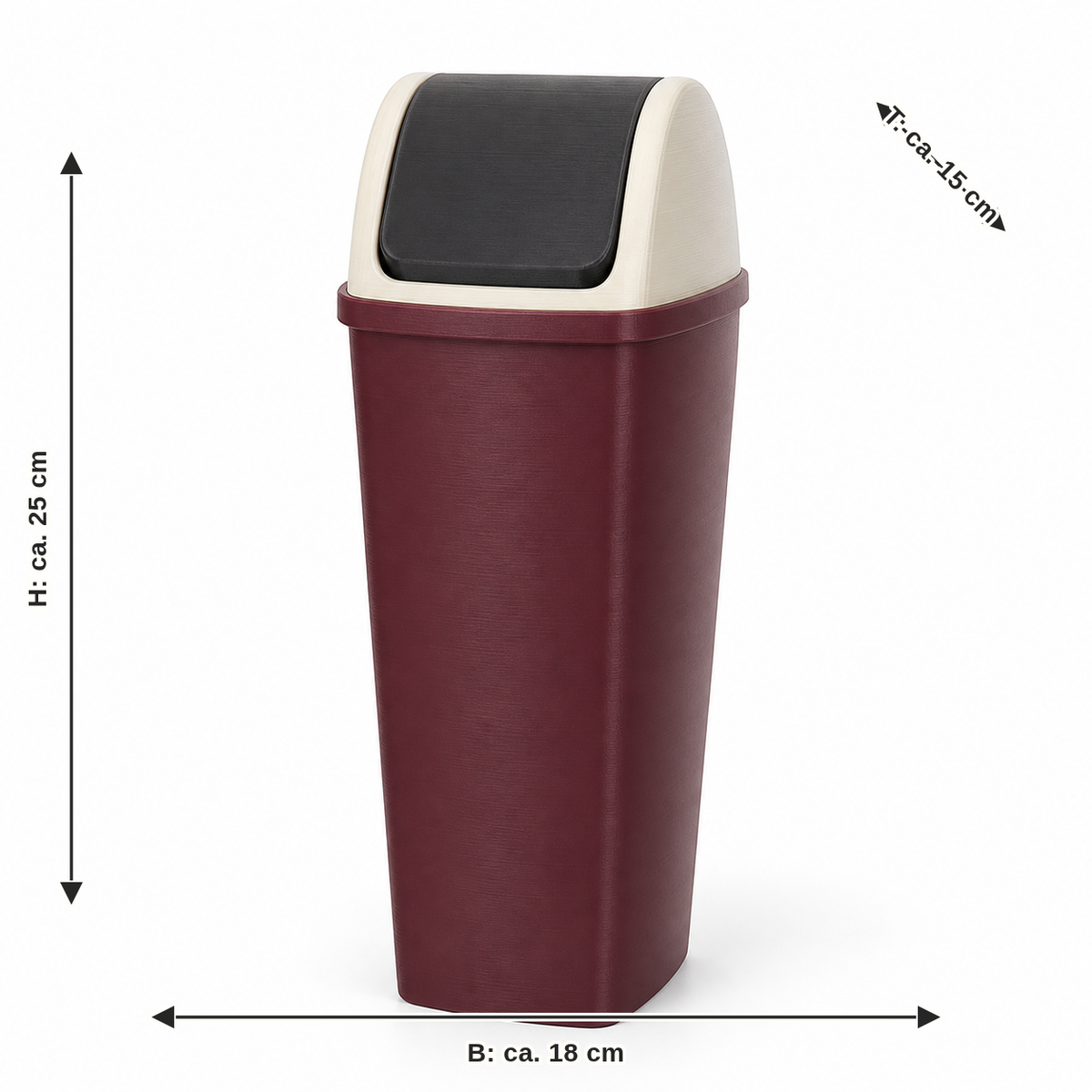 Dimensional image for vibratory ceiling bucket Bordeaux line: width approx. 18 cm, depth approx. 15 cm, height approx. 25 cm