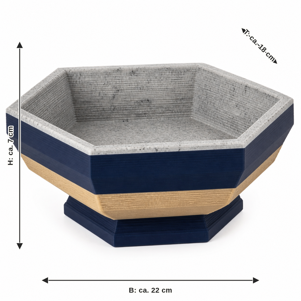 Maßbild für Sechseckige Fußschale in Navy und Steingrau: Breite ca. 22 cm, Tiefe ca. 18 cm, Höhe ca. 7 cm