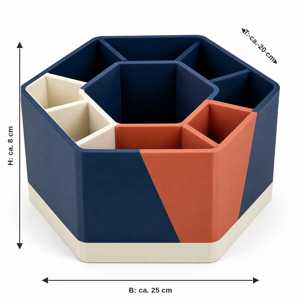 Dimensional image for hexagonal sorting box in Navy and terracotta: width approx. 25 cm, depth approx. 20 cm, height approx. 8 cm