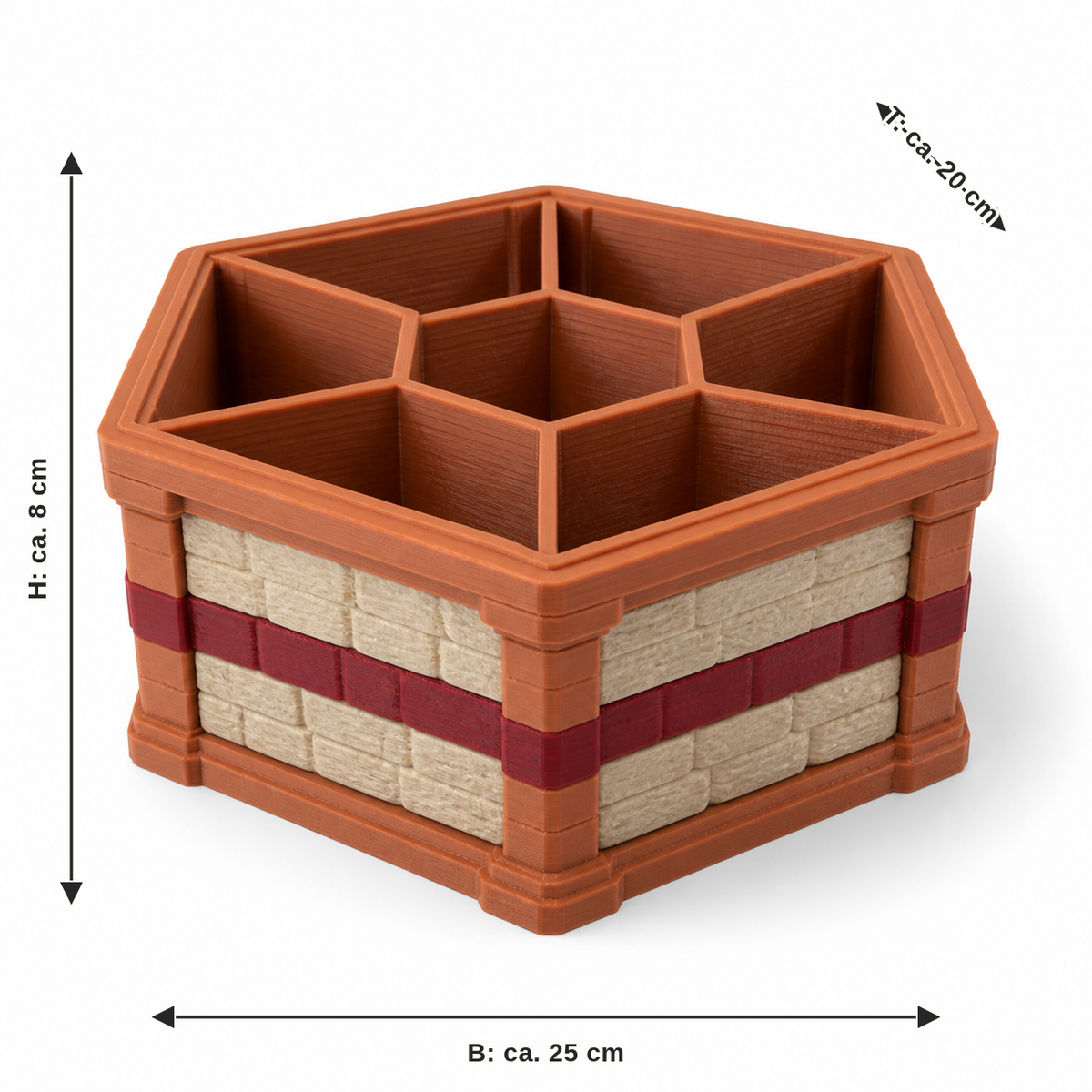 Maßbild für Sechseckige Sortierbox in Terrakotta: Breite ca. 25 cm, Tiefe ca. 20 cm, Höhe ca. 8 cm