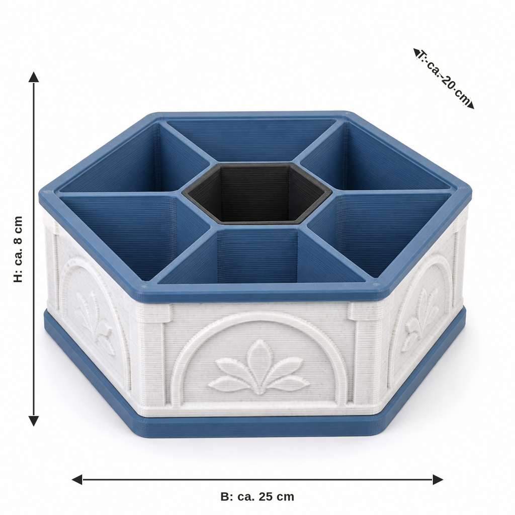 Maßbild für Sechseckige Sortierbox mit sieben Fächern: Breite ca. 25 cm, Tiefe ca. 20 cm, Höhe ca. 8 cm