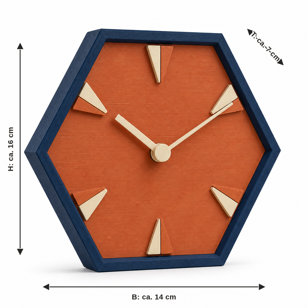 Maßbild für Sechseckige Tischuhr in Navy und Terrakotta: Breite ca. 14 cm, Tiefe ca. 7 cm, Höhe ca. 16 cm