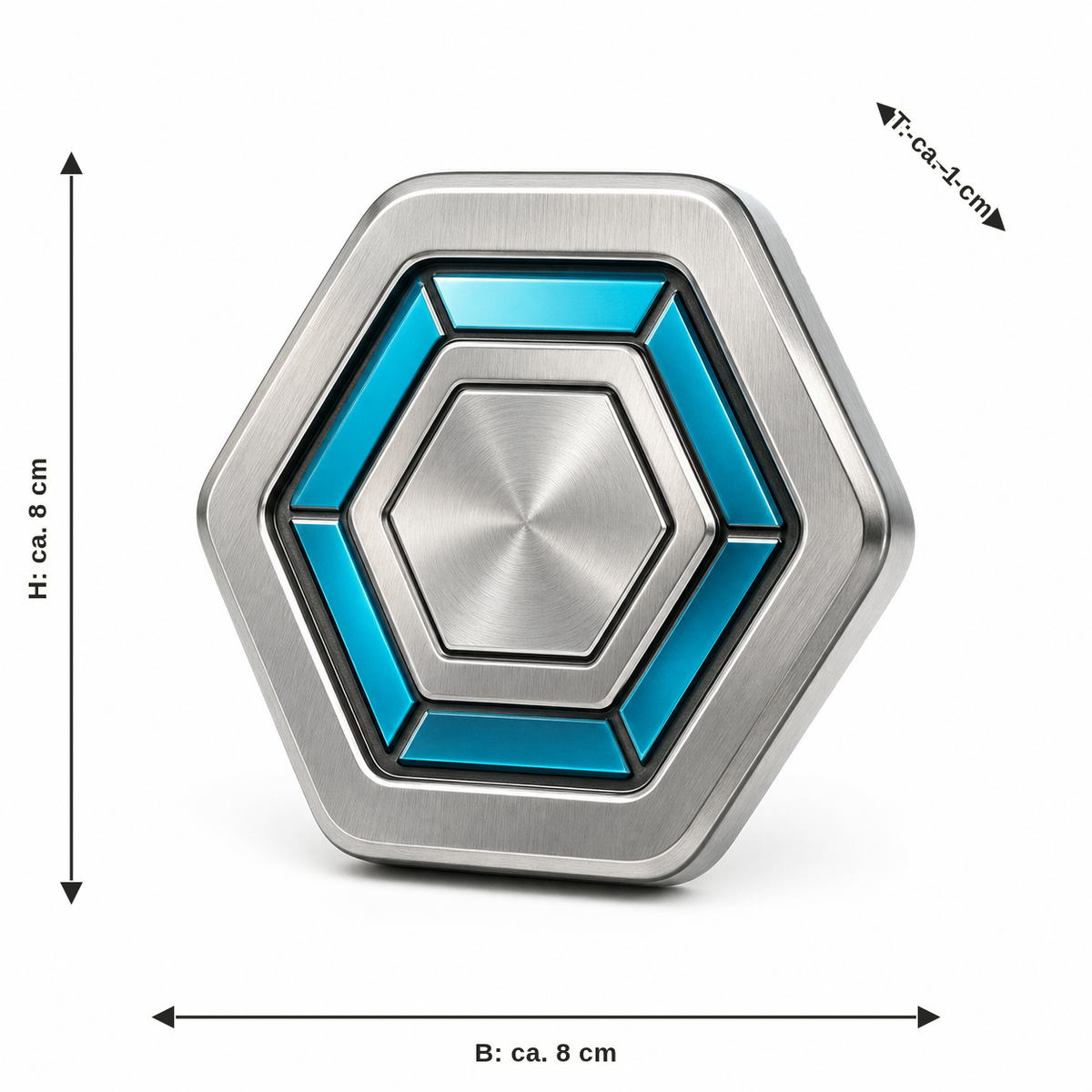 Maßbild für Sechseckiger Magnet mit Cyanring: Breite ca. 8 cm, Tiefe ca. 1 cm, Höhe ca. 8 cm