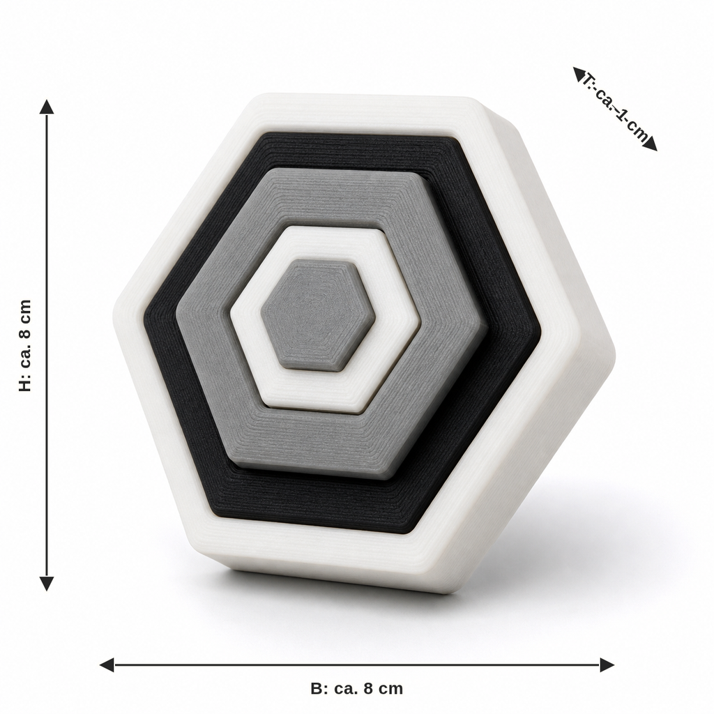 Dimensional image for hexagonal magnet with concentric frame: width about 8 cm, depth about 1 cm, height about 8 cm
