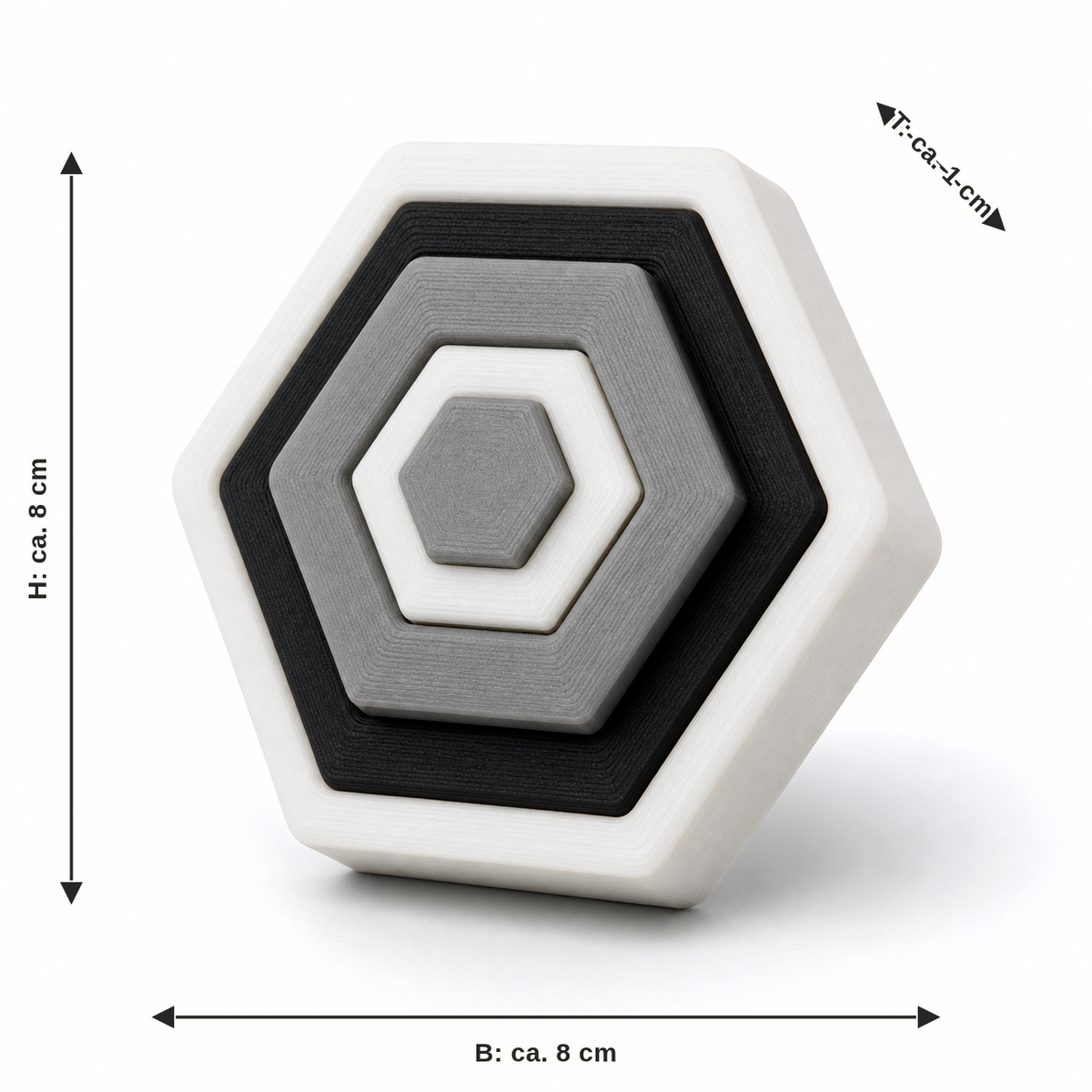Maßbild für Sechseckiger Magnet mit konzentrischen Rahmen: Breite ca. 8 cm, Tiefe ca. 1 cm, Höhe ca. 8 cm