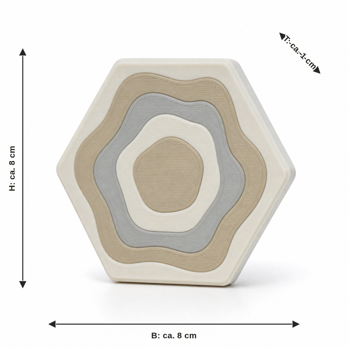 Maßbild für Sechseckiger Magnet mit ruhigen Höhenringen: Breite ca. 8 cm, Tiefe ca. 1 cm, Höhe ca. 8 cm