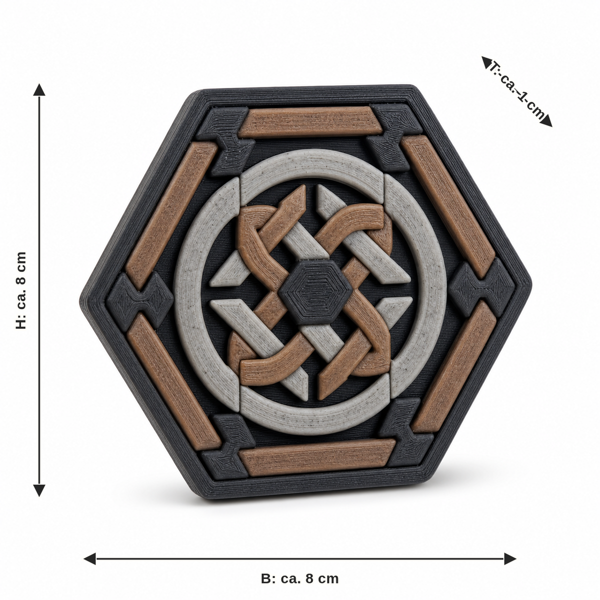 Maßbild für Sechseckiger Magnet mit Rundknoten: Breite ca. 8 cm, Tiefe ca. 1 cm, Höhe ca. 8 cm