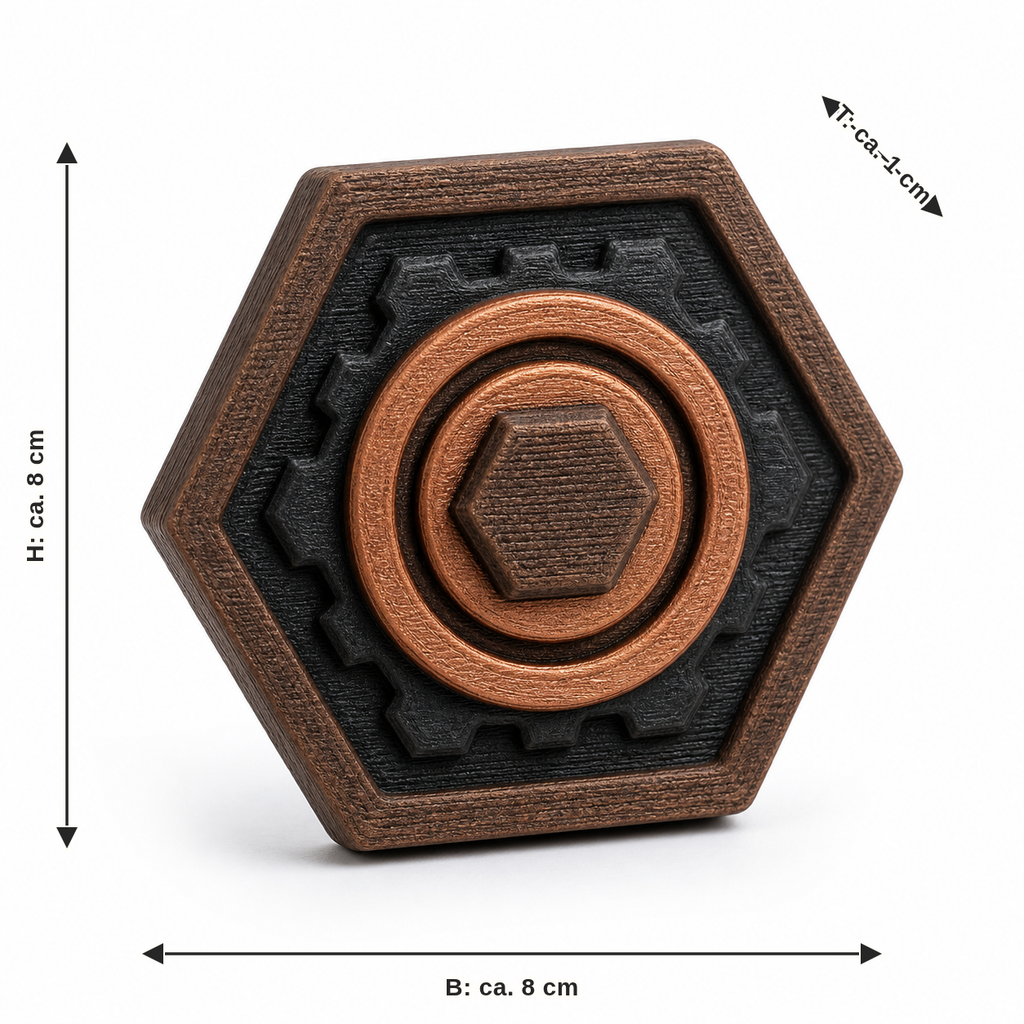 Dimensional image for hexagonal magnet with rustic target ring: width approx. 8 cm, depth approx. 1 cm, height approx. 8 cm