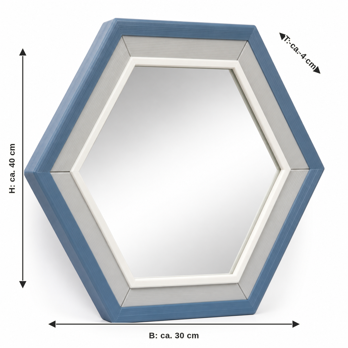 Measurement for hexagonal mirror frames in blue and white: width approx. 30 cm, depth approx. 4 cm, height approx. 40 cm